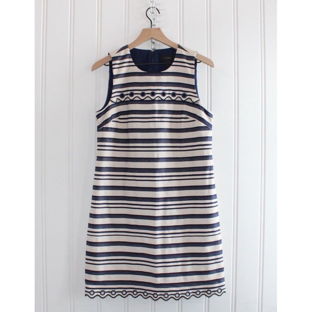 J.Crew Women’s Navy‎ Cream Striped Shift Dress Scalloped Grommets Preppy Size 10
